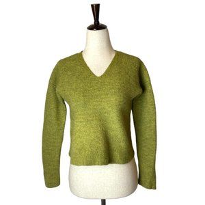 Eileen Fisher Green Wool Yak And Alpaca V Neck Cropped Knit Pullover Sweater S